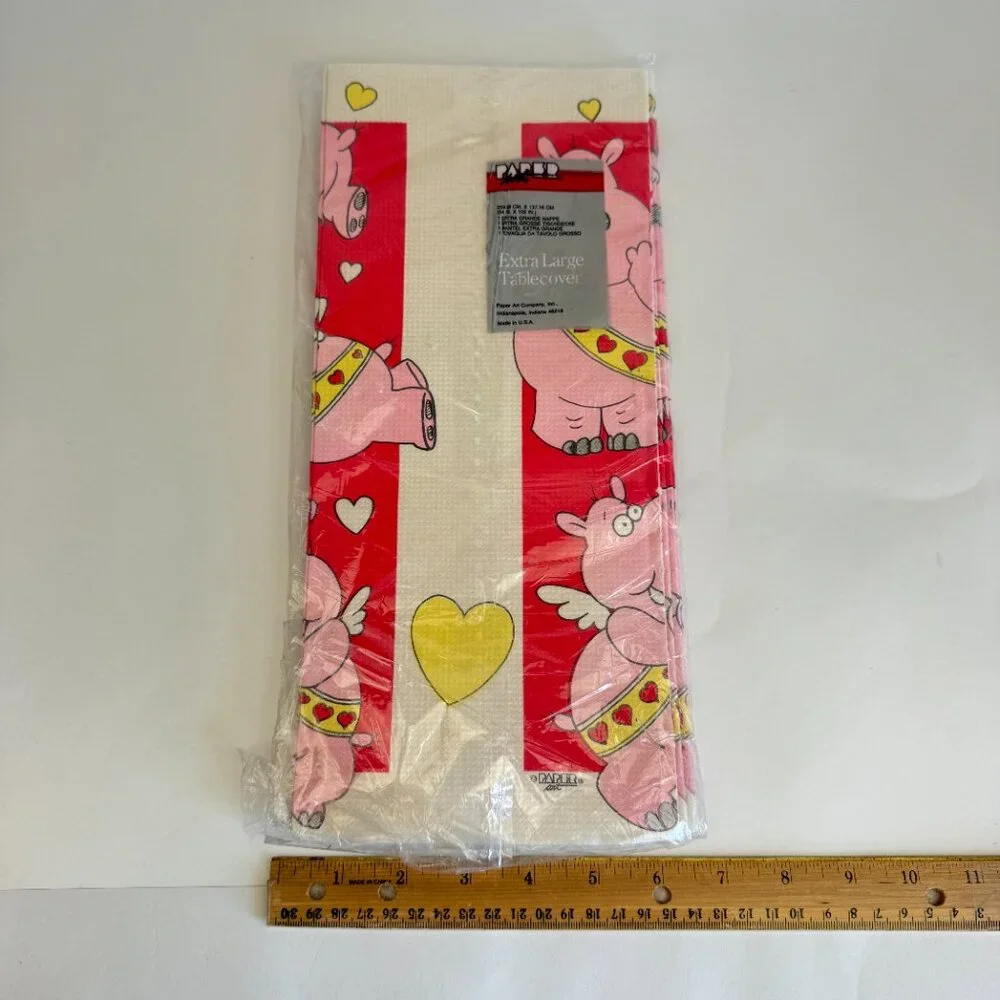 Vtg Paper Art Valentines Day Hearts Hippo‎ Paper Tablecloth Disposable 54x102 in